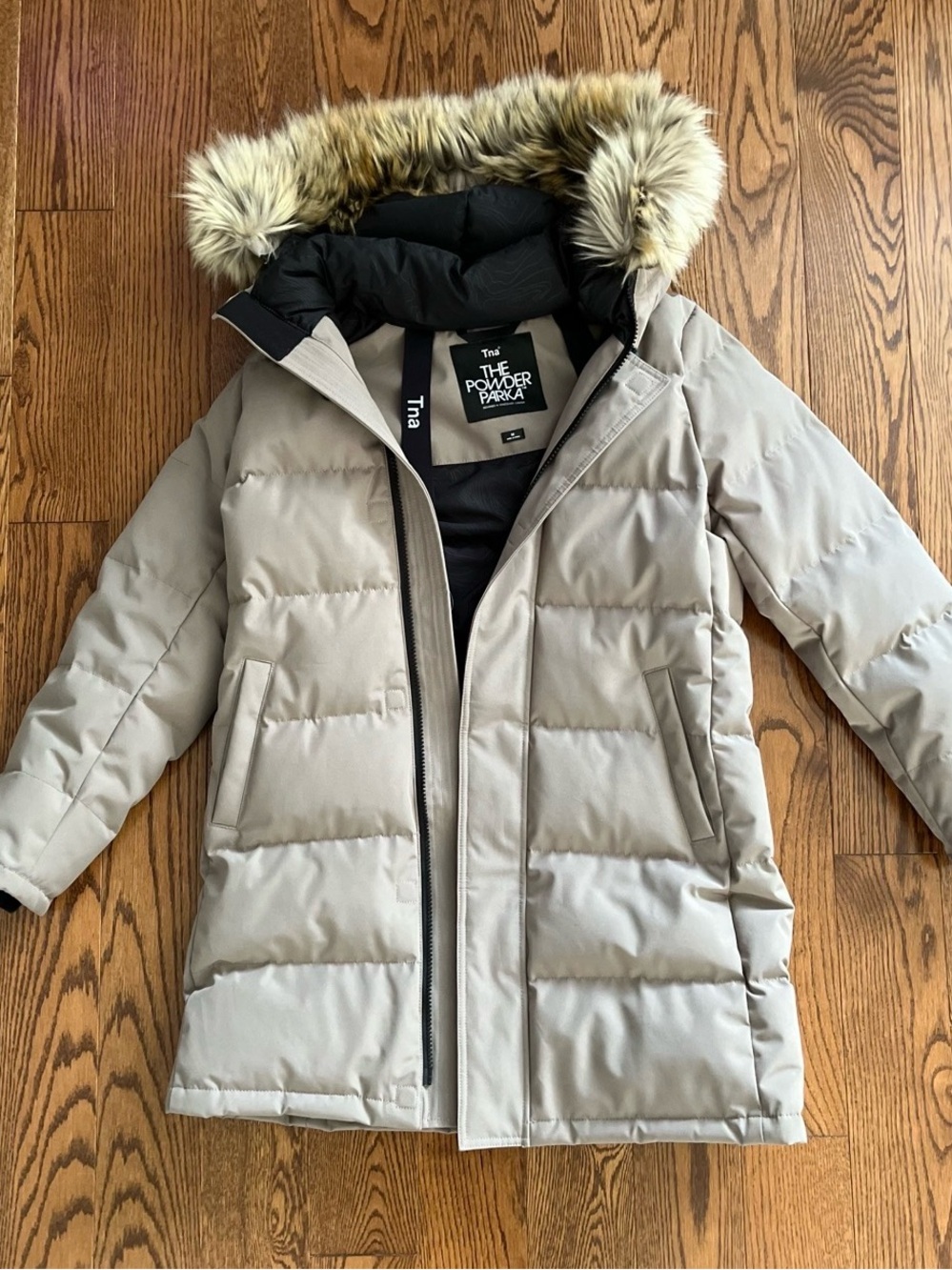 Aritzia TNA Women’s Powder Parka Long with Faux Fur Hood in modern taupe